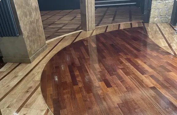 A luxury wooden floor with 3D cube decorations on it.