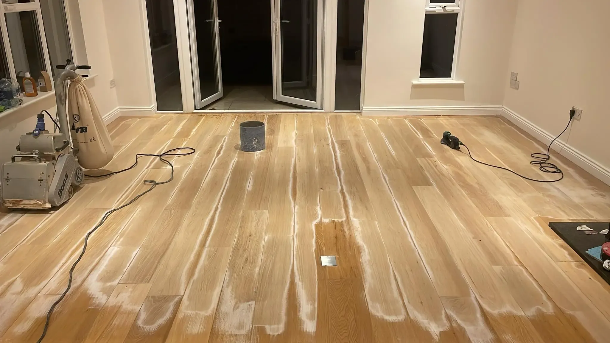 Semi-solid wooden floor sanded & stained