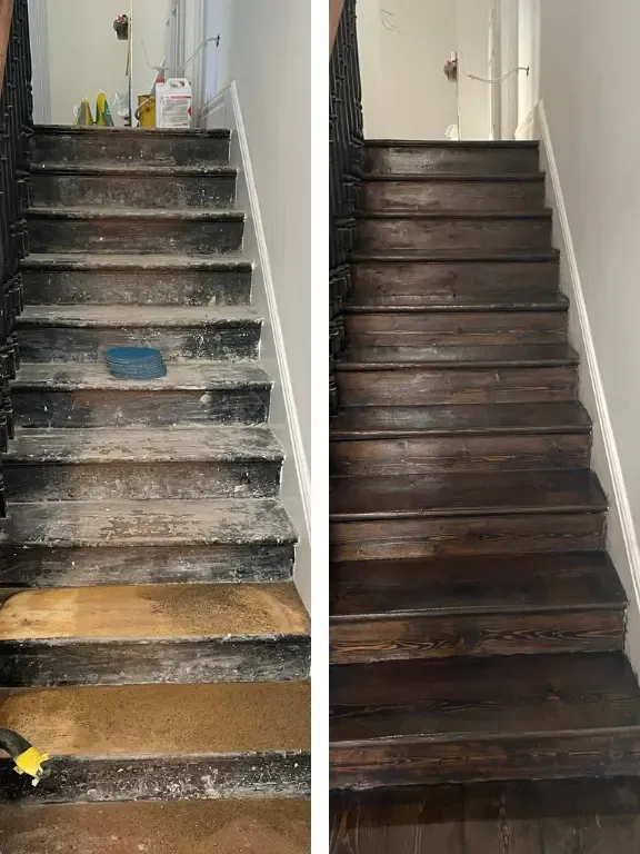 Stairs stained - before & after