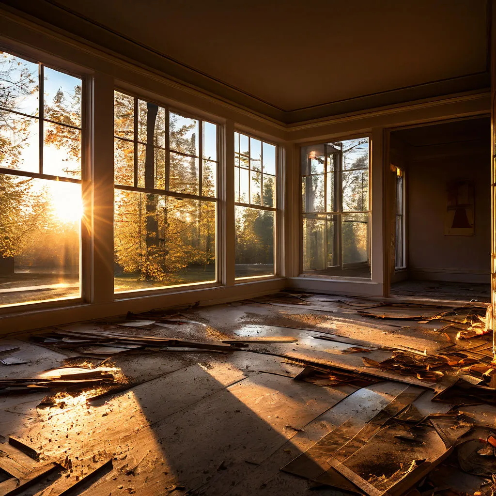 A nice holiday house with sun going through windows and a wooden floor being removed. 