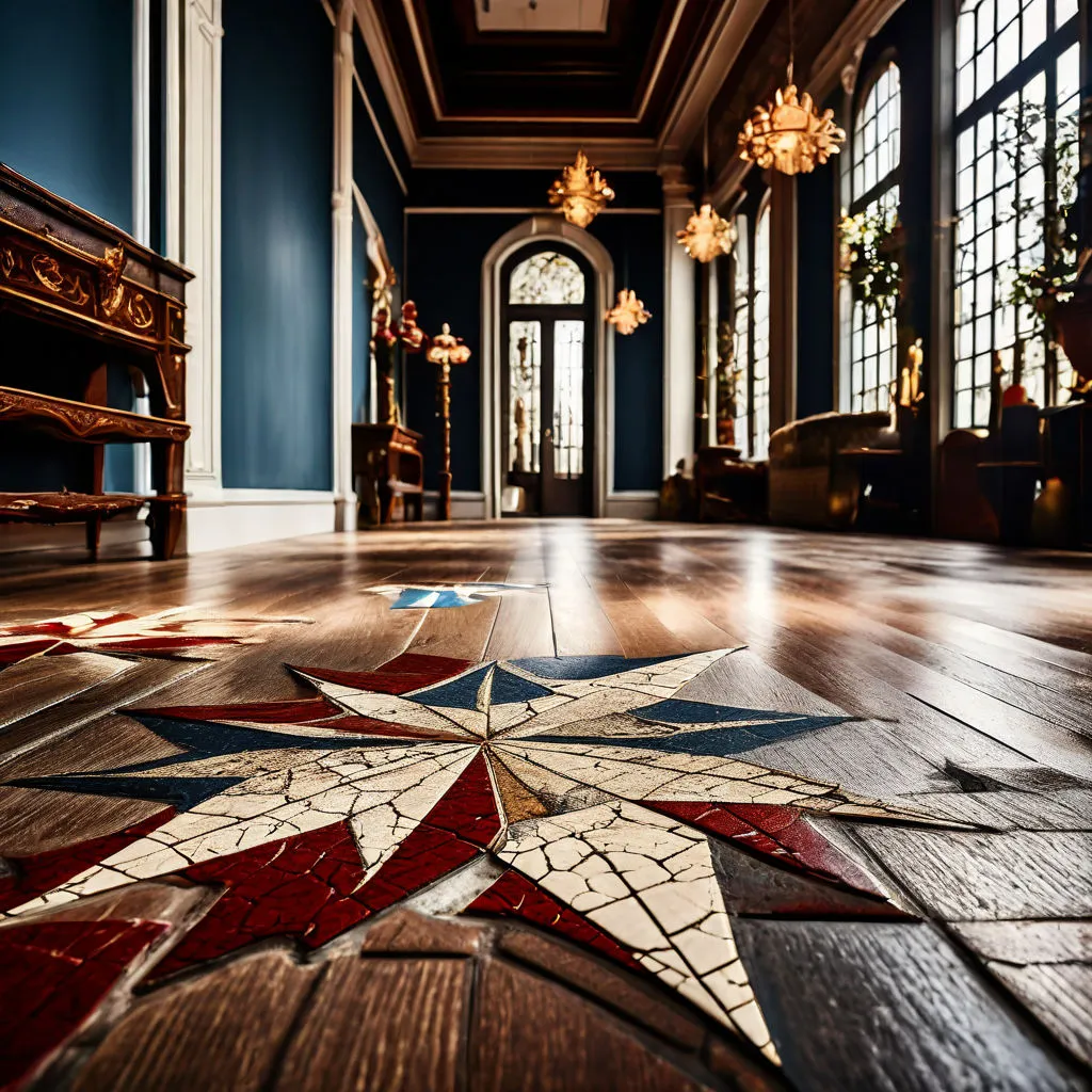 A medalion in a sanded wooden floor.