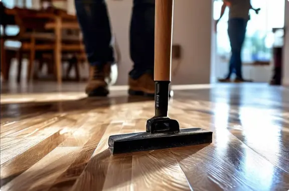 A wooden floor with filled gaps and a nice staining.