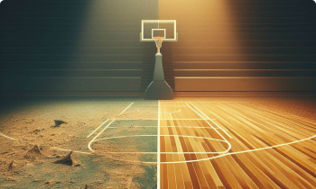 A basketball field with a wooden floor separted in 2, 1 with old and 1 sanded.