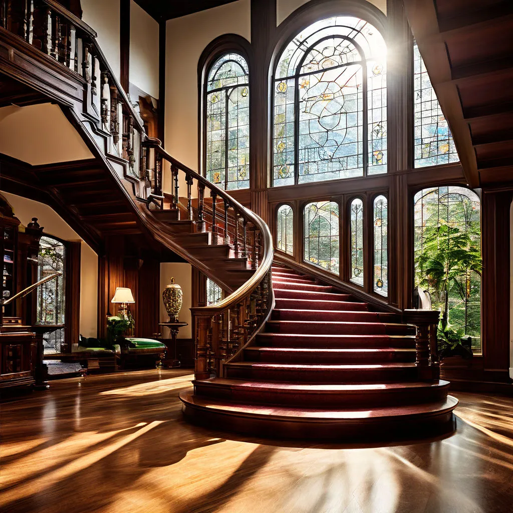 An old wooden stairs in a big house perfectly stained with a nice coat. 